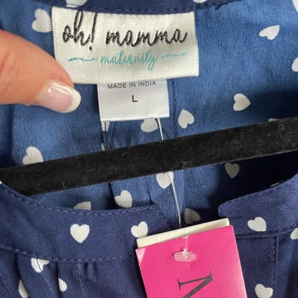 Oh Mamma Women’s Maternity Blue White Heart Pleated Button V Neck Back Tie SZ L - Picture 10 of 12